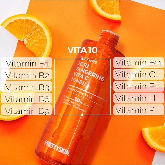 PRETTYSKIN Vitamin C Toner for Face – Jeju Tangerine Extract, 10% Vitamin Complex with Panthenol, Adenosine, Niacinamide – Helps Support Hydration & Oil-Moisture Balance – 8.45 fl.oz