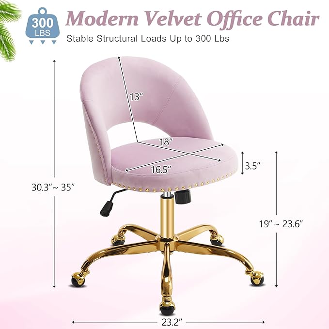 VINGLI Modern Velvet Small Office Chair,Cute Desk Chair With Wheels,Gold Base/Studs,Comfy Armless Swivel Vanity Task Chair For Women/Girl/Kids,Nail Tech Chair For Office,Small Space,Mauve Light Purple
