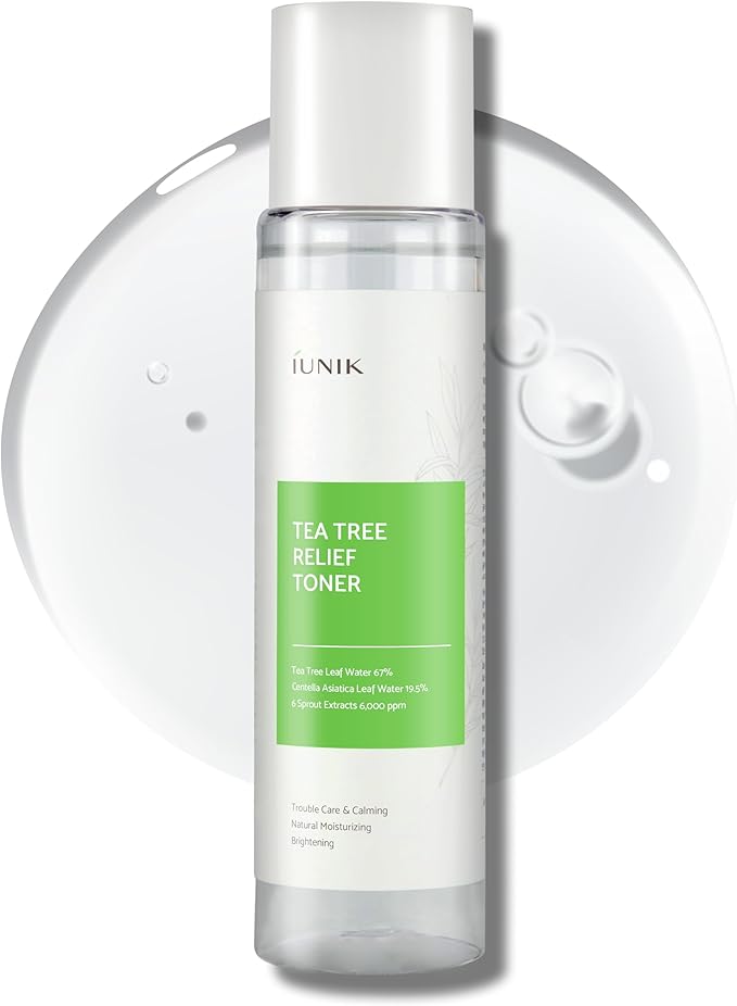 IUNIK Tea Tree Relief Vegan Face Toner - Facial Moisturizer Acne-Prone Irritated Skin w Tea Tree 67% Centella Asiatica 19.5% 6.7 Fl OZ Sensitive Skin Breakout Rosacea Blemish Plant-Based Ingredients