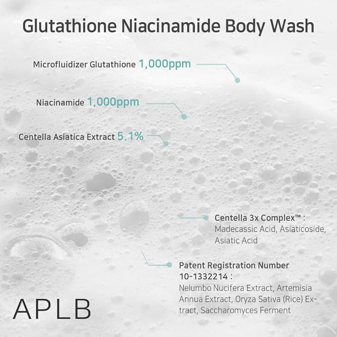 APLB Glutathione Niacinamide Body Wash | LIPO GLUTA NIAC CEN™ 5.3% 10.14 FL.OZ/Korean Skincare, Gentle Ingredients for the Safety of Your Skin, Long Lasting deep Moisture for Soft Skin
