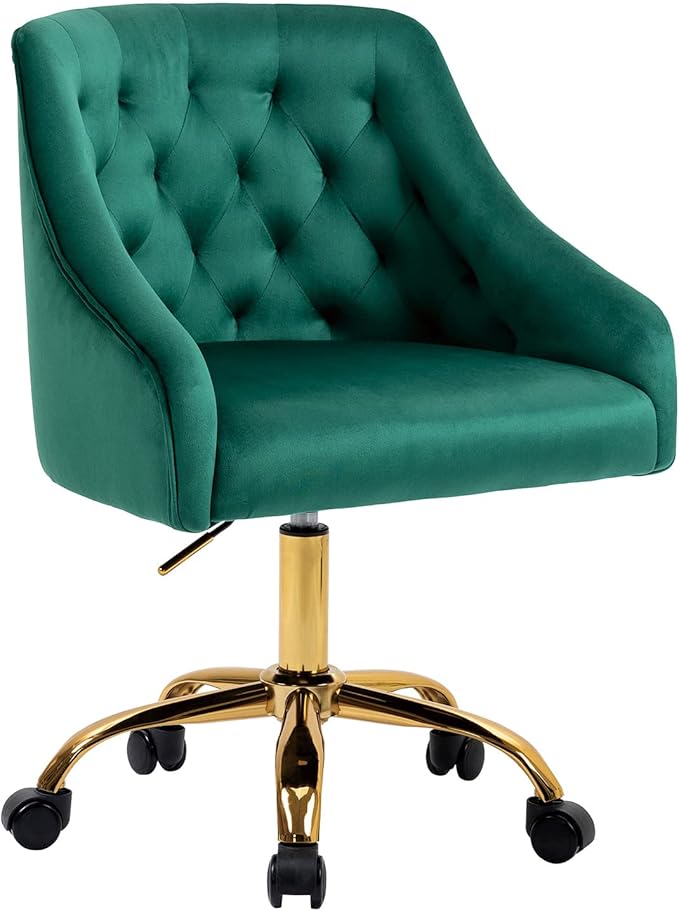 MOJAY Velvet Office Swivel Chair, Vanity Fabric Desk Pretty Fancy Gold Office Chairs for Girls, 360°Swivel Height Adjustable Reception Chair (Green)