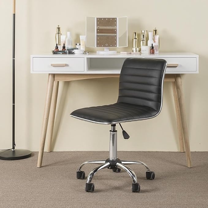 Yaheetech Adjustable Task Chair PU Leather Low Back Ribbed Armless Swivel Black Desk Chair Office Chair Wheels