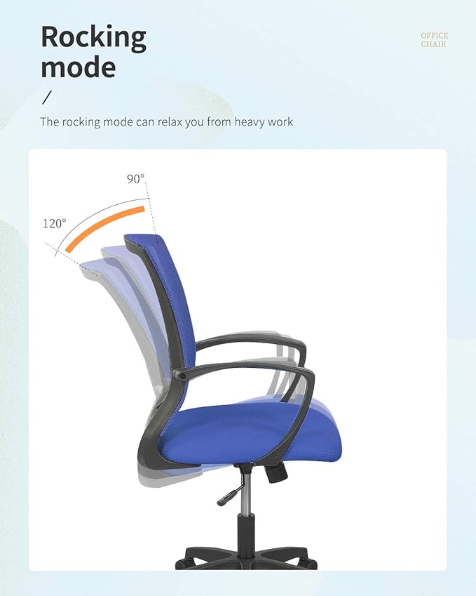 Home Office Chair Mid Back PC Swivel Lumbar Support Adjustable Desk Task Computer Ergonomic Comfortable Mesh Chair with Armrest (Blue)