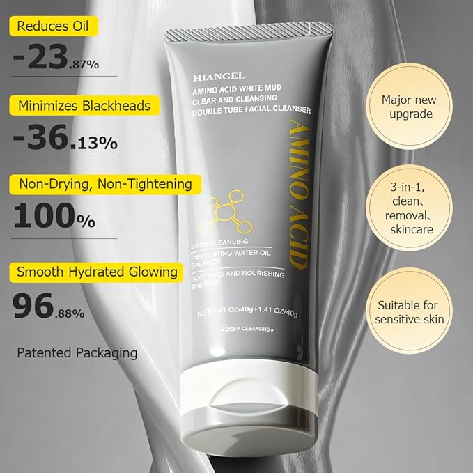 Dual-Tube Amino Acid & White Clay Face Wash - Deep Pore Cleanser for Oily Skin - Blackhead & Makeup Remover - Skincare Gifts for Her