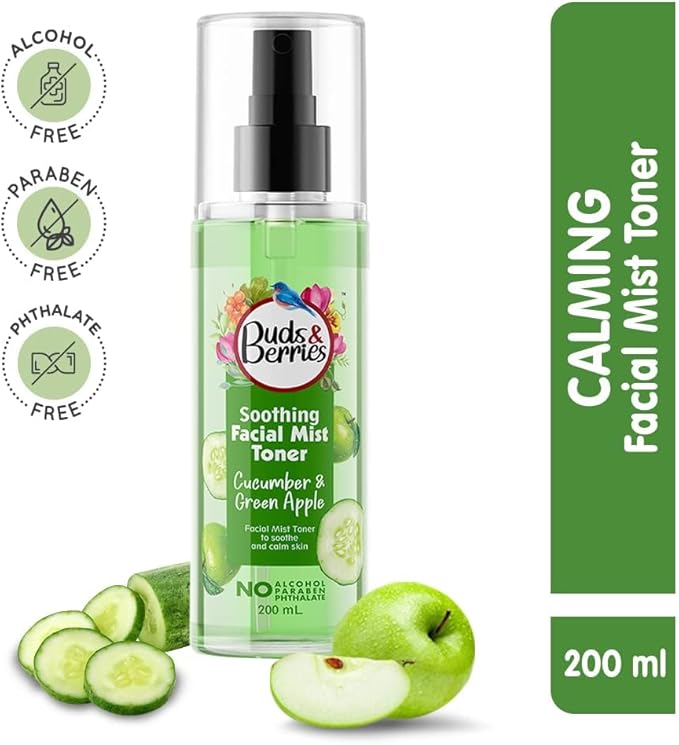 Cucumber and Green Apple Calming Facial Mist Toner - Instant Freshness, Shrinks Pores | Normal to Oily Skin | 200ml | Alcohol-Free, Paraben-Free