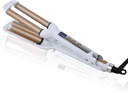 Ceramic Hair Crimper Iron Hair Waver 3 Barrel 0.6 inch / 16mm Perm Instant Curls Crimping Hair Curling Iron Valentines Day Gifts for Women Professional Crimping Iron (Gold & White)