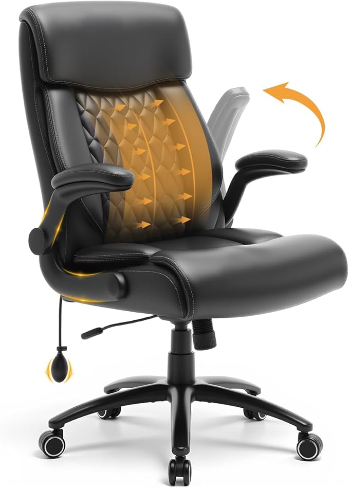500LBS Big and Tall Office Chair, Heavy Duty Office Desk Chair with Padded Flip-Up Arms, Adjustable Lumbar Support & Tilt Lock, High Back Ergonomic Executive Computer Chair for Work & Study, Black