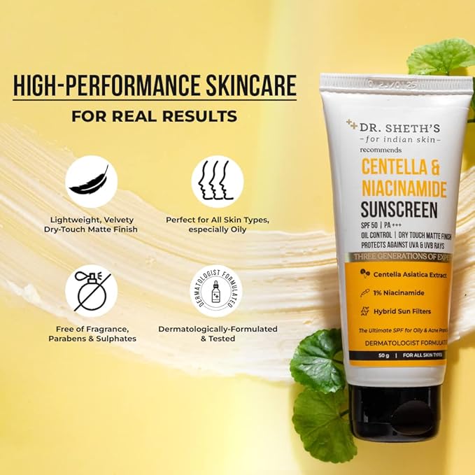 Dr Sheth's Centella & Niacinamide Sunscreen SPF 50 PA+++ For Oily & Acne-Prone Skin Sweat Proof & Water-Resistant Dry Touch Matte Finish Controls Excess Oil Protects Against UVA & UVB Rays