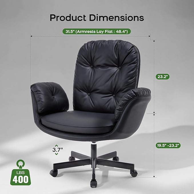 Criss Cross Chair with Armrests & Wheels for Cross-Legged Sitting, Comfortable Adjustable Swivel Office Desk Chair –PU Leather Vanity Chair for Home, Makeup and Bedroom (Black)