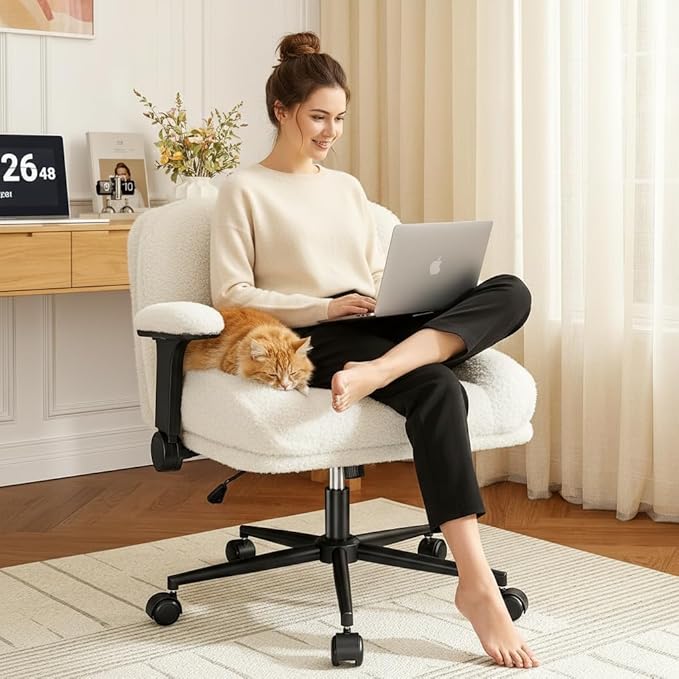 Cross Legged Office Chair with Flip-Up Arms,Oversized Criss Cross Chair with Wheels,Wide & Extra-Deep Seat Thickened for Home Office,Vanity, Bedroom,Apartment Dorms,Plush Cushion,Comfy,White
