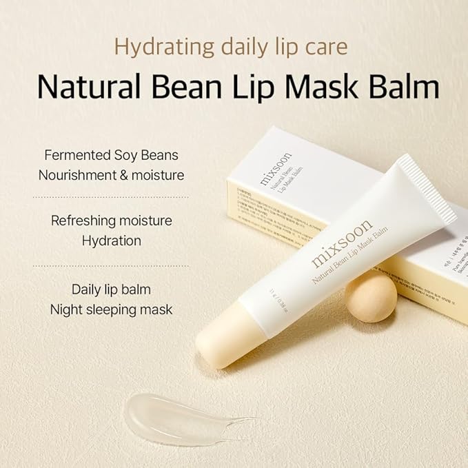 mixsoon Natural Bean Lip Mask Balm - Hydrated Lips, Softening, Fermented Bean and Shea Butter, Vegan Formula for Smooth Lip Balm 11g / 0.37 fl. oz. Korean Glass Skin Care