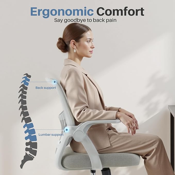 DUMOS Home Office Computer Chair - Ergonomic Mid Back Desk with Lumbar Support and Rocking Mode, Height Adjustable with Flip-up Armrest, for Conference Meeting Room, 360° Swivel, Adults, Grey