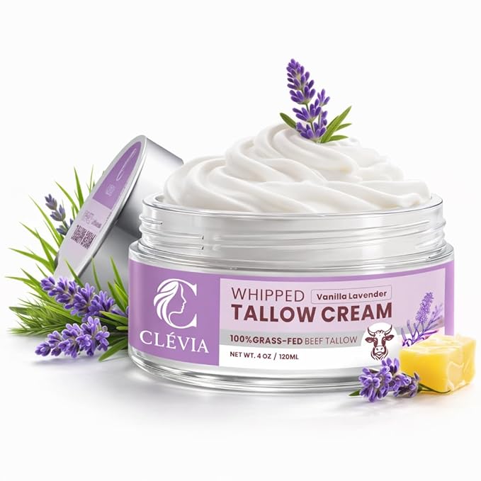 100% Grass-Fed Whipped Tallow Cream - 4 OZ Anti-Wrinkle Face+Body Balm – Organic Beef Tallow with Jojoba Oil – Deep Hydration for Dry, Sensitive & Irritated Skin (Vanilla Lavender)