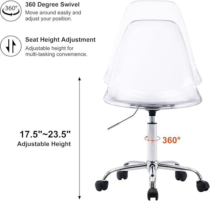 HOMEFUN Clear Desk Chair, Acrylic Rolling Armless Vanity Swivel Height Adjustable Ghost Molded Plastic Home Office Chairs with Wheels, Clear