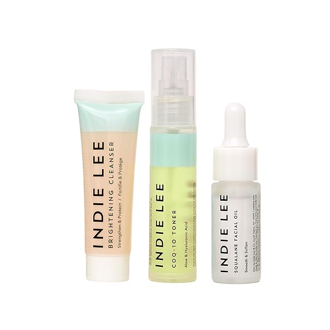 Indie Lee Discovery Kit - Brightening Cleanser, CoQ-10 Toner + Squalane Facial Oil - Skincare Regimen for Adults (3-Piece Travel Size Set)
