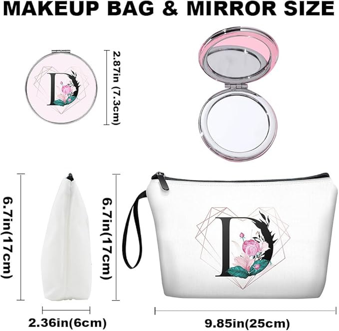 Personalized Initial D floral Makeup Bag set with Mirror for Women,White Ietter Bride Bridesmaid travel Cosmetic bag kit with10 pieces pink brush set,Initial Gifts for Girls Mom femal Friends