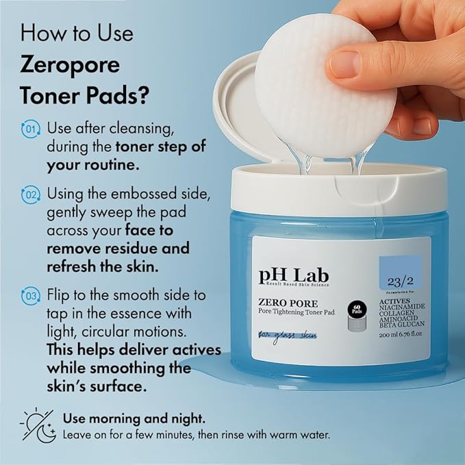 pH Lab Zero Pore Toner Pad, Pore Minimizer for Face, Collagen & Niacinamide, Pore Tightening & Hydrating Exfoliating Pads for Smooth Skin, 60 Pads