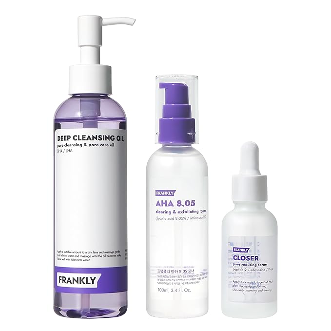 FRANKLY Ultimate Pore Care Set – Cleansing Oil, Closer Serum, AHA 8.05% Toner | BHA & LHA Cleanser + Peptide Serum | Vegan Korean Skin Care | Skincare Gifts