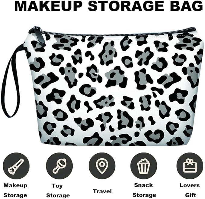 Personalized Small Black and gray leopard print on white background Makeup Bag set with Mirror,Bride Bridesmaid Cosmetic bag with10 pieces brush kit,Birthday Gifts for Women Mom Best Friend