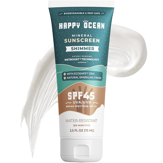 Mineral Sunscreen SPF 45 Shimmer, Reef Safe Sunscreen, Biodegradable Travel Size, Non-Nano Zinc Oxide, Non-Greasy, Water Resistant, Face & Body