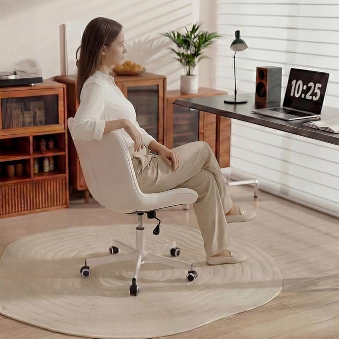 Armless Desk Chair, Morden Home Office Chair no Arms, Adjustable Height & Rocking Computer Chair, PU Leather Vanity Chair, Ergonomic Seat Soft Padded Desk Chairs for Home Small Space, White