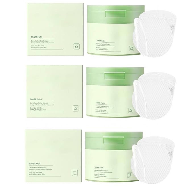 Centella Asiatica & Collagen Toner Pads - Hydrating Facial Pads for Daily Moisture, Soothing & Gentle Cleansing, 70 Count (3, 70 Pads)