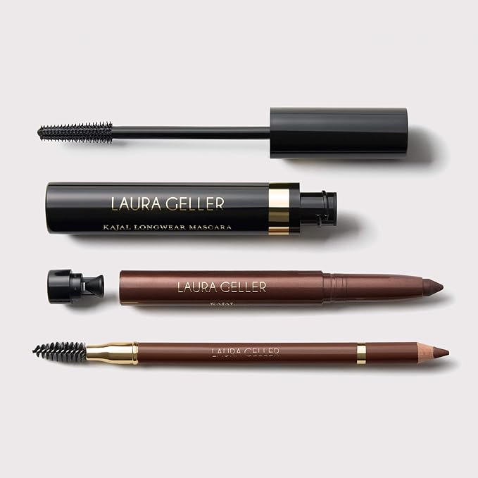 LAURA GELLER Laura’s 3 E’s Eyebrows, Eyelash & Eyeliner Kit for Mature Skin | Dark Brown | Kajal Longwear Eyeliner, Kajal Longwear Mascara & Bravo Brows Soft Pencil + Brush