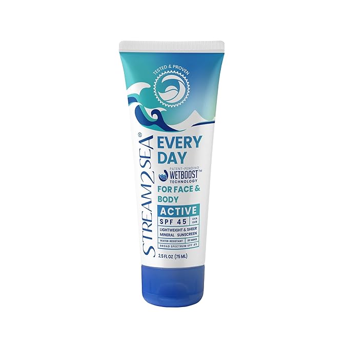 SPF 45 Every Day Active Mineral Sunscreen | 2.5 Fl Oz Biodegradable & Reef Safe Sunscreen for Face & Body | Non-Greasy, Lightweight & Sheer Mineral Protection Against UVA & UVB by Stream2Sea