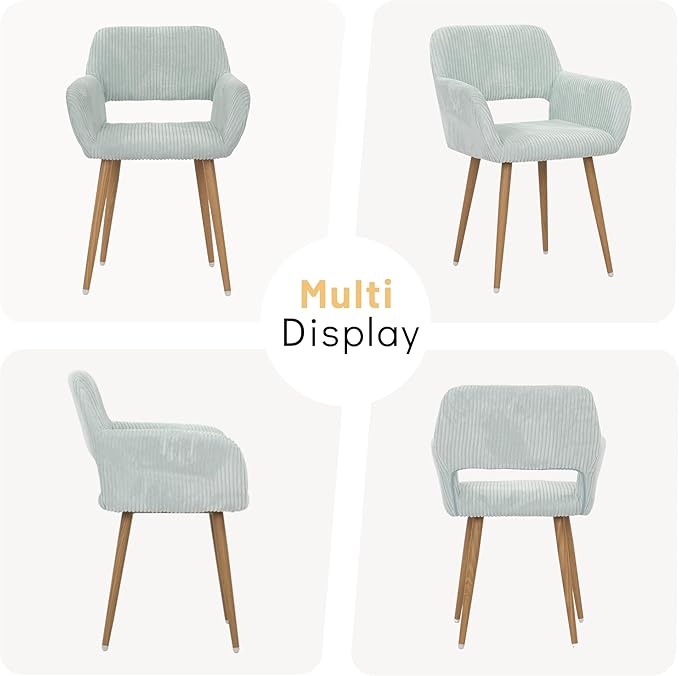 KCC Small Modern Dining Room Arm Chairs 1 Piece, Mid-Century Upholstered Corduroy Fabric Side Seat Club Guest with Metal Tube Legs for Kitchen, Living Room, Blue