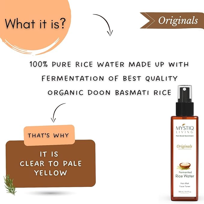 Mystiq Living Fermented Rice Water Toner Spray | 100% Pure Organic Doon Basmati Rice | Quick Absorbing & Non Sticky for Korean Glass Skin | for All Skin Types