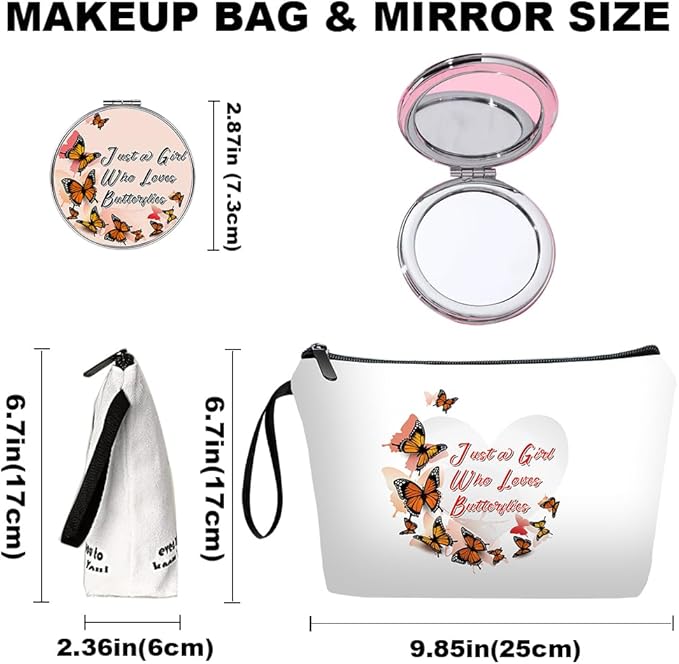 Personalized butterfly love heart Makeup Bag set with Mirror for Women, white Butterfly travel Cosmetic bag kit for Bride Bridesmaid with pink brush set,Butterflies Gifts for Women Mom femal Friends