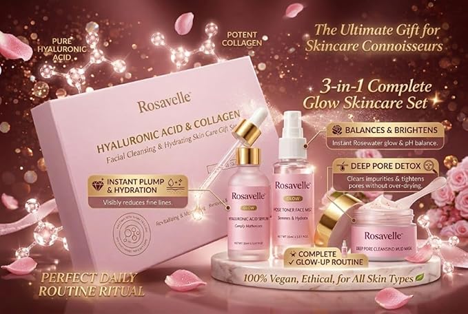 Hyaluronic Acid Collagen Skincare Kit for Women | Face Serum Rose Toner Mist Mud Mask Combo | Hydrating Brightening Deep Pore Cleansing Glow Skin Care Set for Clear Smooth Radiant Skin