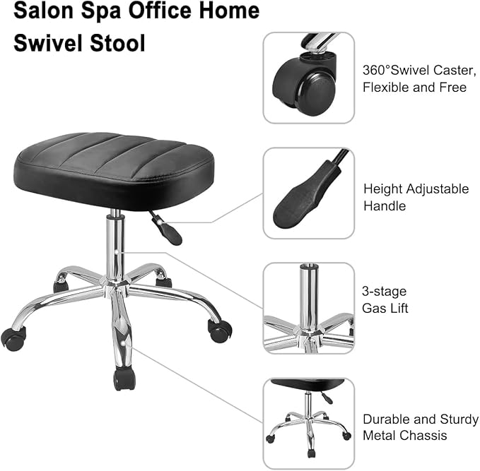 JOSTZHXIN Black Square Swivel Stool Height-Adjustable Rolling Chair, Rolling Stool for Work SPA Shop Massage, Office Tattoo Spa Shop Chair