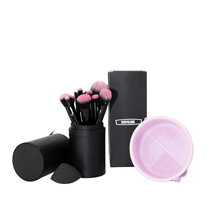 18-Piece Vegan Makeup Brush Set – Black & Pink Case, Soft Synthetic Bristles, Cruelty-Free, Ideal for Liquid, Powder, Cream & Bronzer; Includes Kabuki, Blender, Blush & Eyeshadow Brushes