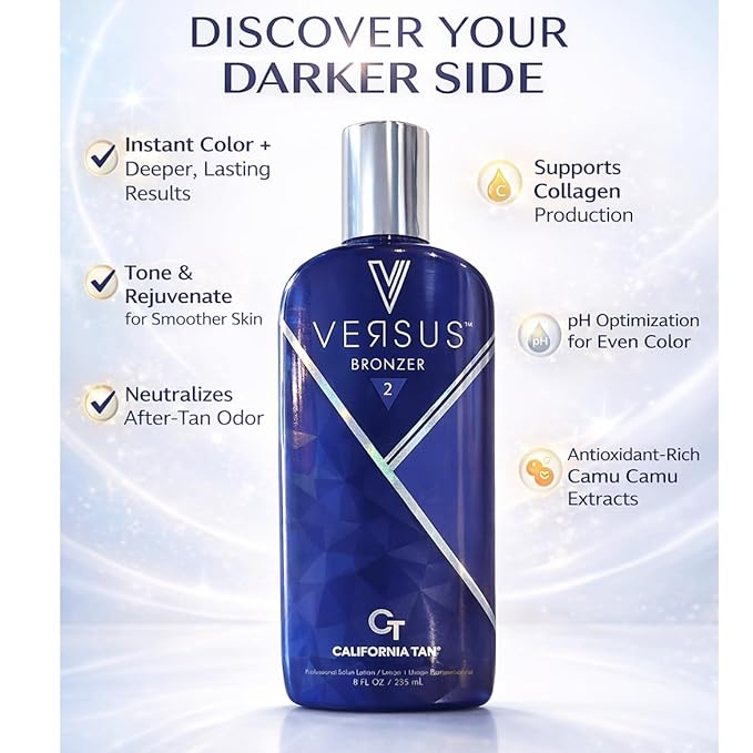 Versus Bronzer Step 2 DHA Indoor Tanning Bed Lotion, Outdoor UV Sun Tan Instant & Delayed Dark Bronzing Cream, Skin Hydrating & Antioxidant Formula, 8 fl oz