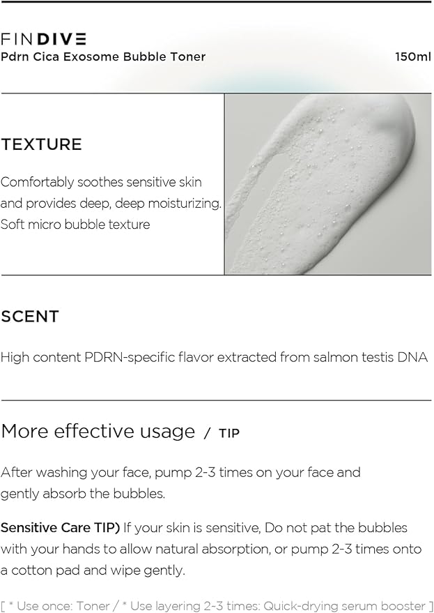 FINDIVE Official PDRN CICA Exosome Bubble Toner, PDRN (Sodium DNA) 1,000ppm, CICA Exosome 1,000ppm, Marin Collagen, Soothes, Regenerates Skin, Korean Skincare 5.07fl.oz