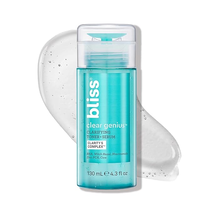 Bliss Clear Genius Clarifying Toner + Serum and Micro Magic Skin Renewing Microdermabrasion Facial Scrub - Calm Skin & Tighten Pores - Vegan & Curelty-Free
