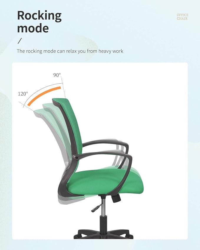 Home Office Chair Mid Back PC Swivel Lumbar Support Adjustable Desk Task Computer Ergonomic Comfortable Mesh Chair with Armrest (Green)