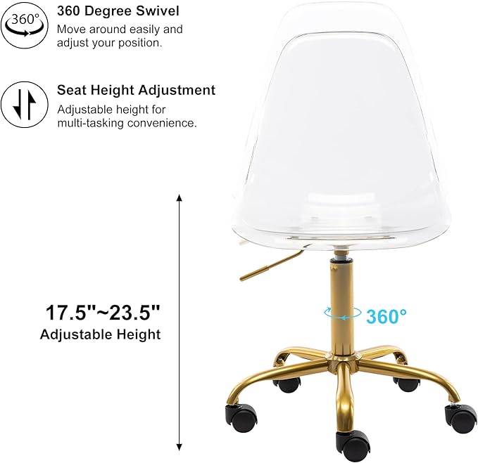 HOMEFUN Clear Desk Chair, Acrylic Rolling Armless Vanity Swivel Height Adjustable Ghost Molded Plastic Home Office Chairs with Golden Feet