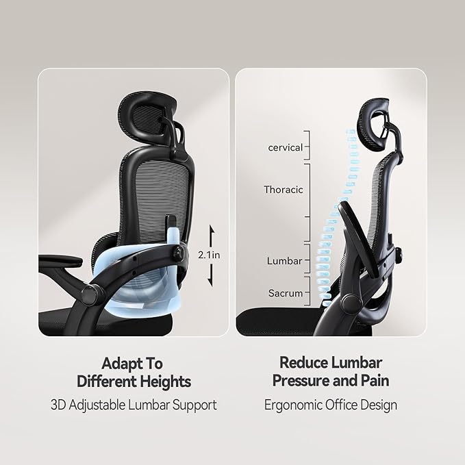 SIHOO Ergonomic Office Chair, Office Chair with Up&Down Lumbar, High Back Home Desk Chair with 3D Armrests, Computer Chair with Adjustable 2D Headrest, Tilt Function Black