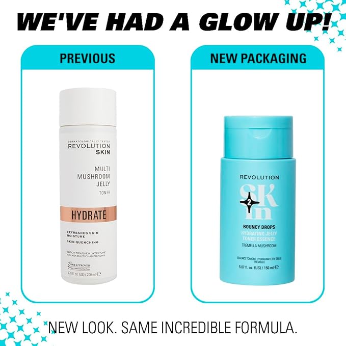 Revolution Skin, Bouncy Drops Tremella Mushroom Hydrating Jelly Toner Essence, Facial Toner with Vitamin B5, Vegan & Cruelty-Free, 11.69 fl oz