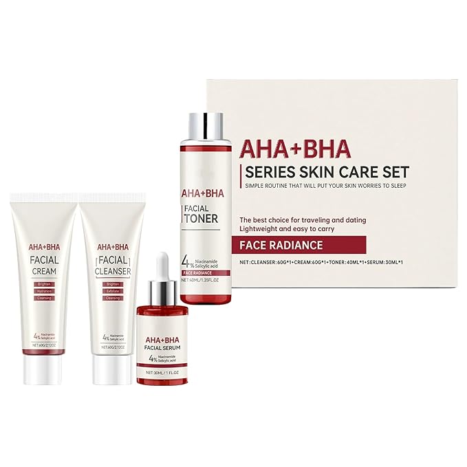 Travel Skincare Set with AHA BHA - 4 Piece Gentle Exfoliating Kit | Cleanser, Toner, Serum & Moisturizer for Women & Teens, Face Daily Korean Care Gift Box Dewy Skin Set Deep Cleansing Hydrate