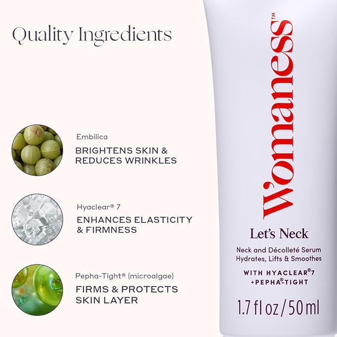 Womaness Let’s Neck Serum for Neck Tightening and Lifting - Firming and Tightening Neck Cream with Cooling Roller Applicator - Hydrating Neck Serum to Smooth Wrinkles and Sagging Skin for Women - 50ml