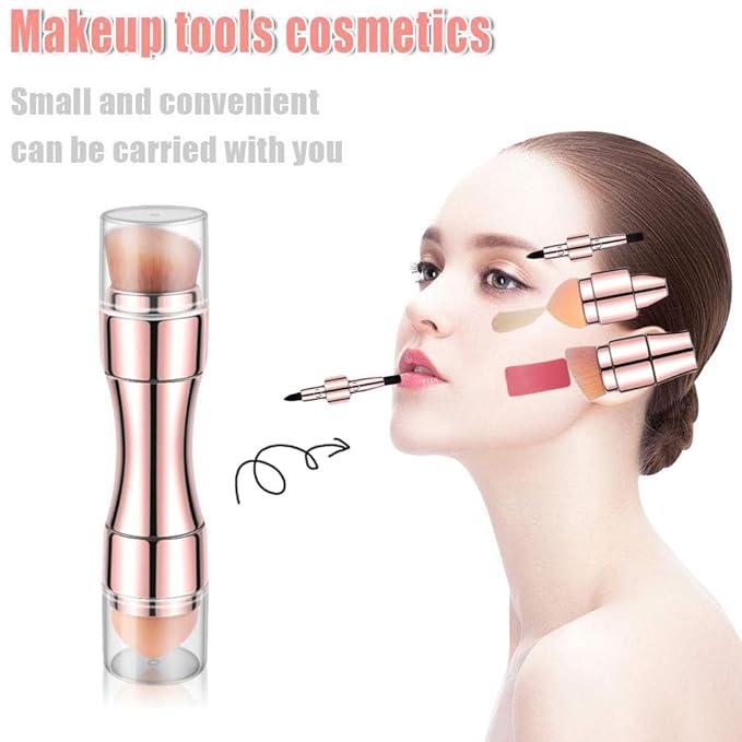Bling Toman 4 in 1 Makeup Brush, Eyeshadow Eye Lip Face Concealing Blush Foundation Brush All in One Retractable Travel Size Makeup Brush Set (rose gold brush)