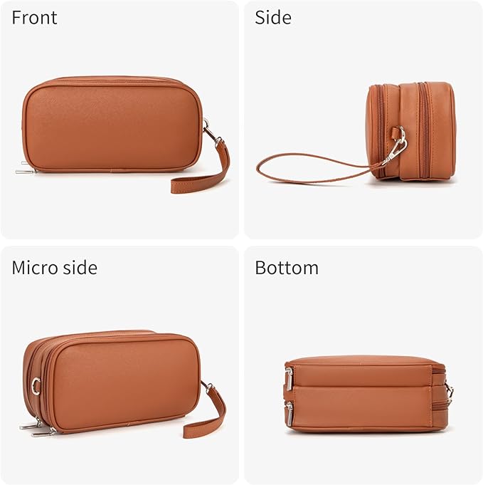 Makeup Bag for Women, Wide-open Makeup Organizer with Makeup Brush Holder, Waterproof Cosmetic Bag with Compartment, Portable Travel-Size Toiletry Bag for Traveling, Large Make Up Bag (Brown)