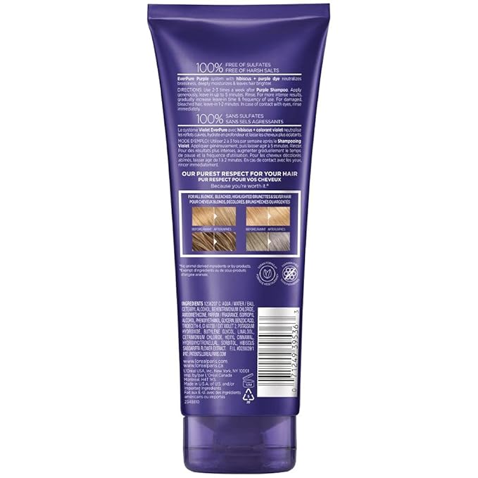 L’Oreal Paris Sulfate Free Brass Toning Purple Conditioner for Blonde,Bleached,Silver,or Brown Highlighted Hair,EverPure,6.8 Fl Oz (Packaging May Vary),(Pack of 2)