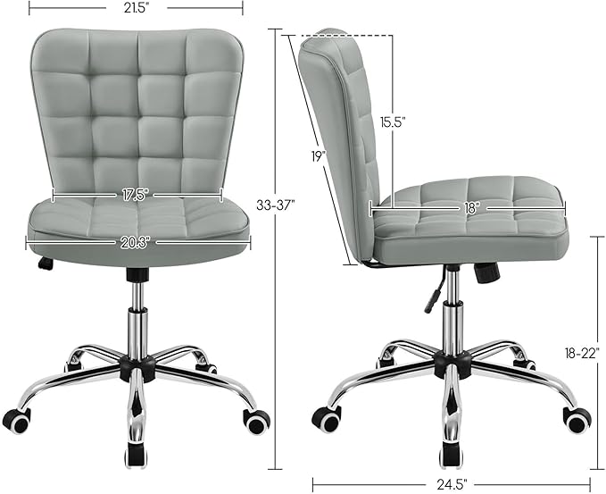 Yaheetech Armless Desk Chair Modern Tufted Office Chair Faux Leather Upholstered Computer Chair with Adjustable Seat Height and Rolling Wheels for Home/Office, Light Gray