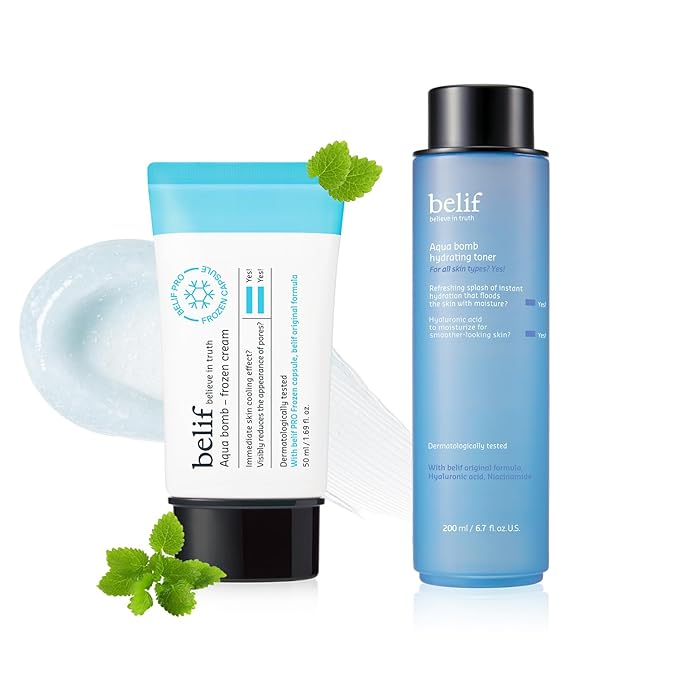 belif Aqua Bomb Cooling Prep Duo - Hydrating Toner & Frozen Gel Cream with Hydrating Capsules, Hyaluronic Acid, and Niacinamide to Soothe, Smooth, and Plump