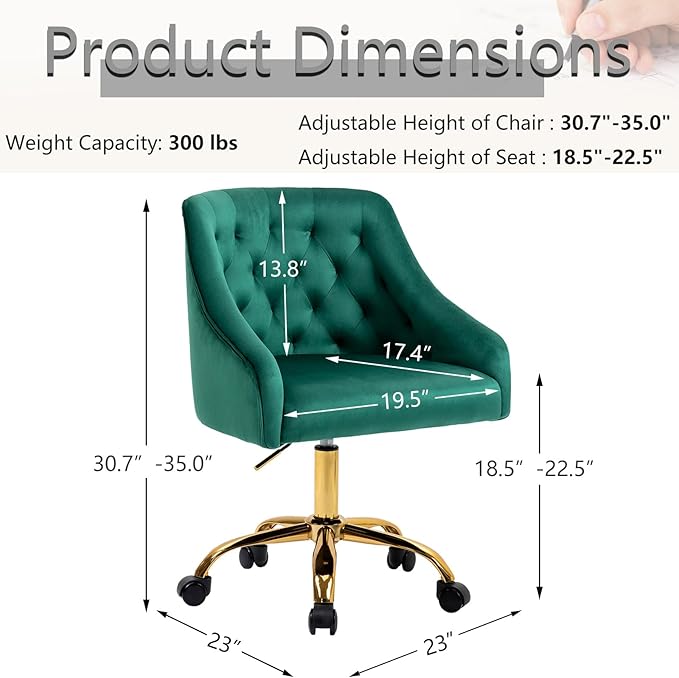 MOJAY Velvet Office Swivel Chair, Vanity Fabric Desk Pretty Fancy Gold Office Chairs for Girls, 360°Swivel Height Adjustable Reception Chair (Green)