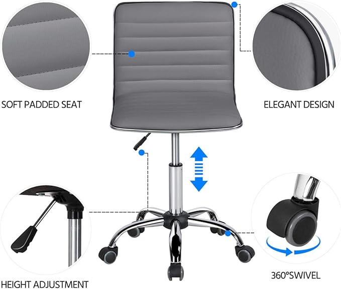 Yaheetech PU Leather Ribbed Armless Task Office Chair, Adjustable Low Back Executive Chair with Wheels Gray